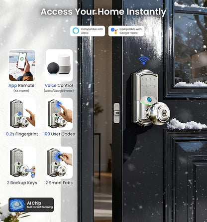 Veise VE028 Built-in Wi-Fi Smart Lock with Knob, Fingerprint Keyless Entry with Handle, App Remote & Voice Control, Electronic Digital Keypad for Front Door and Bedroom, IP65 Waterproof, Satin Nickel