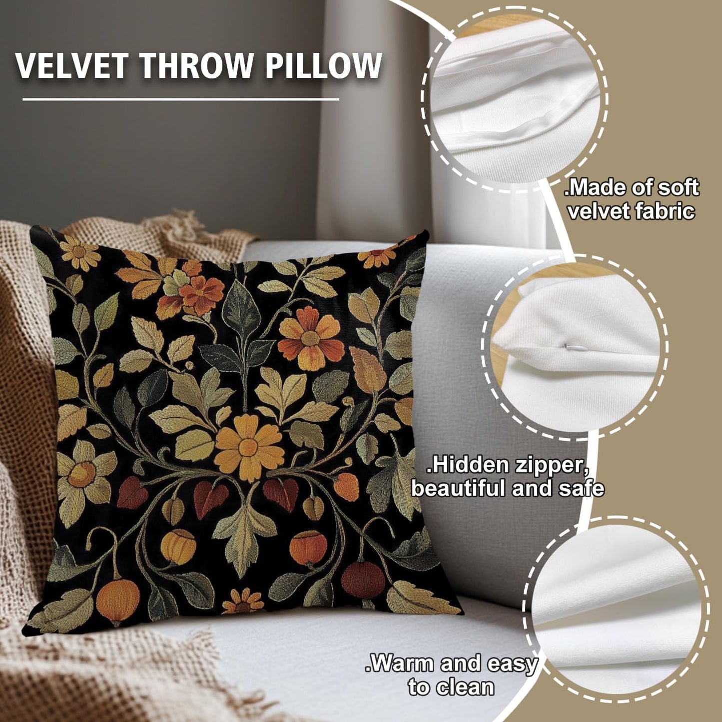 William Morris Abstract Vintage Print Floral Velvet Design Throw Pillow Covers Home Decor, Retro Art Deco Pillowcase Cushion Cover for Bed Sofa Living Room, Square 18x18inch (Black-Floral2)