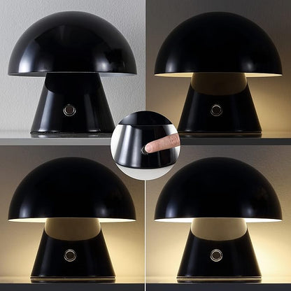 JONATHAN Y 7" Black Rechargeable Cordless Mushroom Table Lamp, Portable LED Nightstand Lamp for Bedroom Living Room, Metal Shade, 3-Way Dimmable Touch Sensor Modern Accent JYL7116A