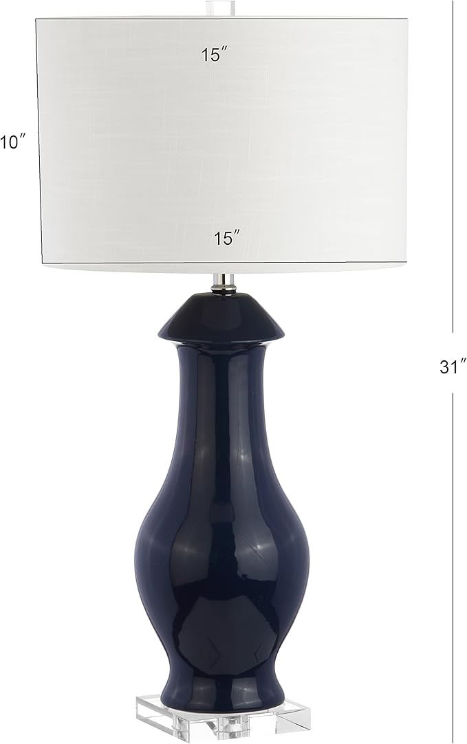 JONATHAN Y 31" Navy Blue Ceramic and Crystal Table Lamp, Contemporary Slender Vase Bedside Lamp for Living Room, White Linen Drum Shade, UL Listed, LED Bulb Included JYL8017A