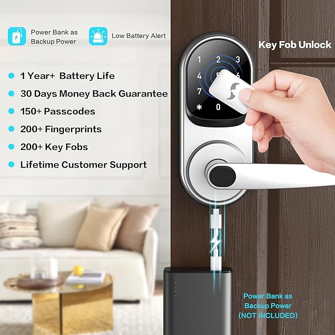 Sifely Keyless Entry Smart Lock - Fingerprint & Keypad Access, Front Door Handle, Silver