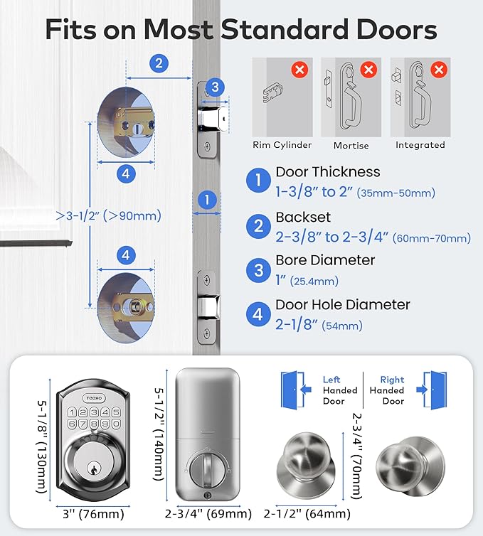 TEEHO TE001K Keyless Entry Door Lock with Handle, Electronic Keypad Deadbolt with 2 Knobs, High-Security Front Door Handle Set for Home & Rental, Smart Auto-Locking, Easy Install, Satin Nickel