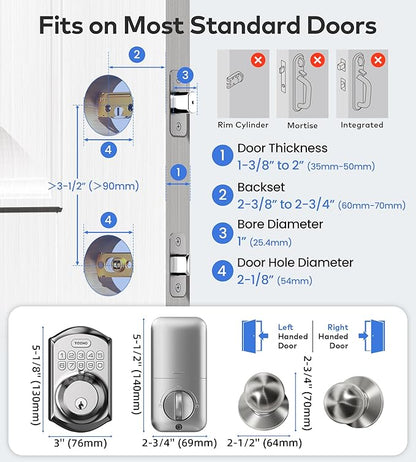 TEEHO TE001K Keyless Entry Door Lock with Handle, Electronic Keypad Deadbolt with 2 Knobs, High-Security Front Door Handle Set for Home & Rental, Smart Auto-Locking, Easy Install, Satin Nickel