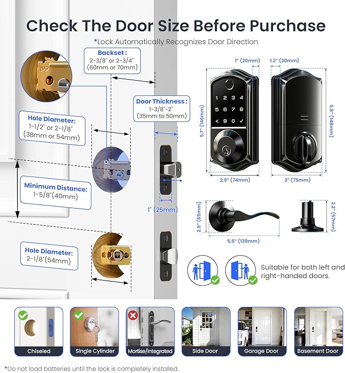Veise VE017-L Fingerprint Smart Lock with Lever Handles, App Control, Keyless Entry Front Door Lock Set, Electronic Digital Keypad Deadbolt, Remote Grant, Emergency Power Port, Auto Lock, Matte Black