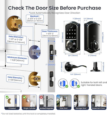 Veise VE017-L Fingerprint Smart Lock with Lever Handles, App Control, Keyless Entry Front Door Lock Set, Electronic Digital Keypad Deadbolt, Remote Grant, Emergency Power Port, Auto Lock, Matte Black