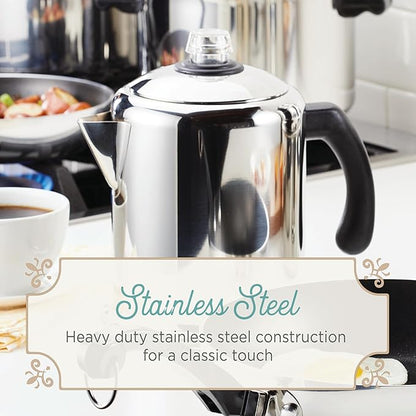 Farberware Classic Stainless Steel Coffee Percolator, 12 Cup, Silver with Glass Blue Knob, 7.28"D x 8.86"W x 10.83"H