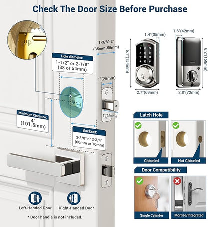 Veise VE06 Smart Deadbolt with App Control, Keyless Entry Smart Lock for Front Door, Electronic Digital Door Lock with Code, Easy Install, Satin Nickel