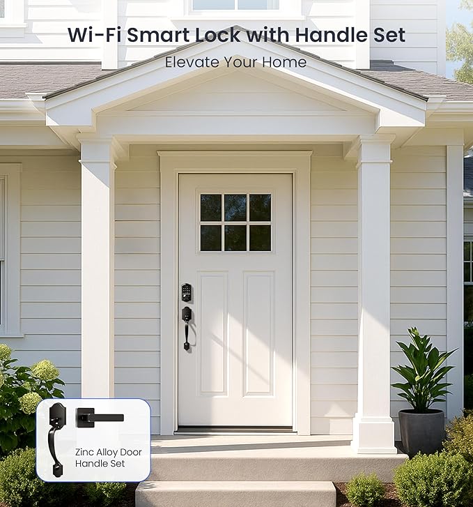 Veise VE017G-H Wi-Fi Smart Fingerprint Front Door Lock Set, Remote App Control, Keyless Entry Deadbolt with Handle, Backlit Keypad, IP55 Weatherproof, Auto Lock, Easy to Install, Matte Black