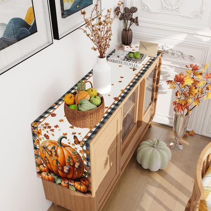 Linen Black and White Buffalo Check Plaid Fall Table Runner 108 Inches Long, Fall Leaves Pumpkin Butterfly Home Kitchen Table Decor, Farmhouse Autumn Thanksgiving Harvest Festival Decorations for Home