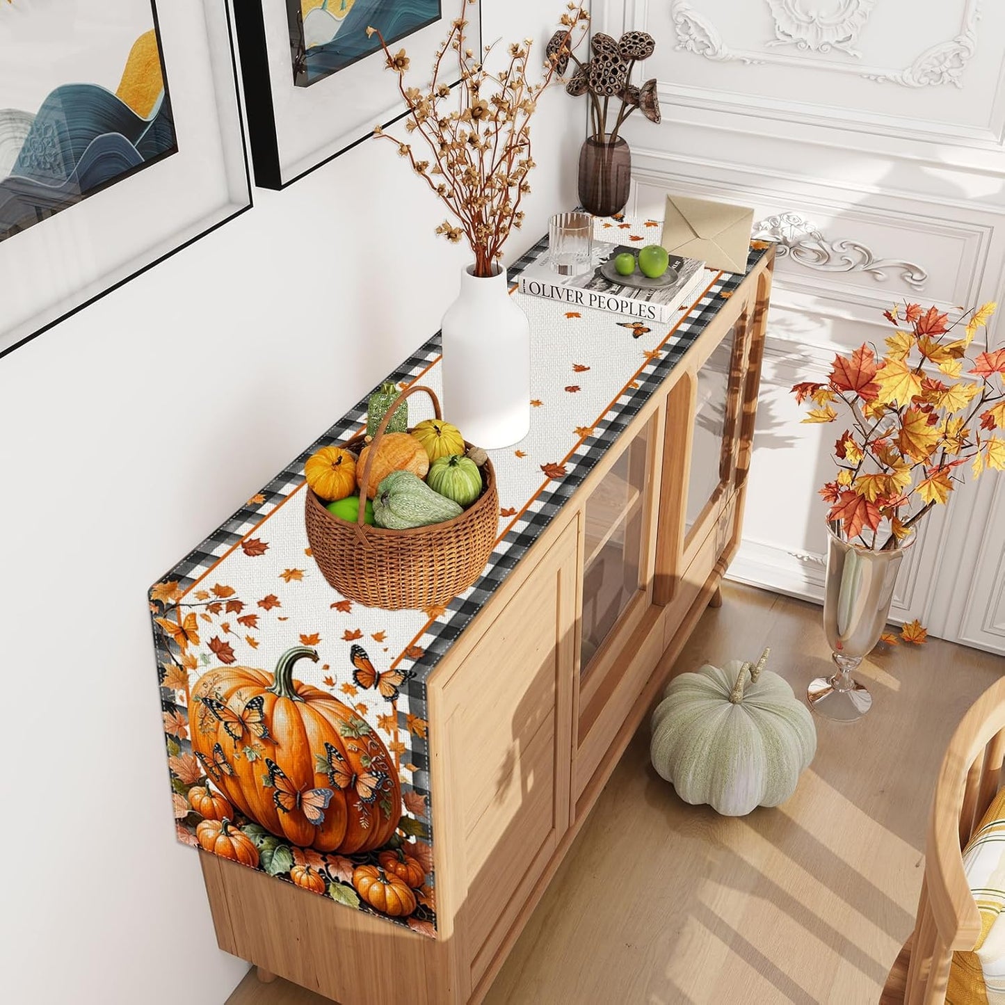 Linen Black and White Buffalo Check Plaid Fall Table Runner 36 Inches Long, Fall Leaves Pumpkin Butterfly Home Kitchen Table Decor, Farmhouse Autumn Thanksgiving Harvest Festival Decorations for Home