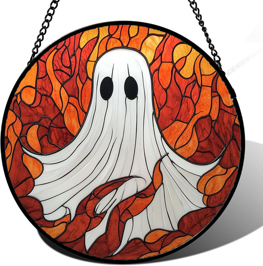 Stained Glass Window Hanging - Halloween Decorations White Ghost Orange Sky Suncatcher for Doors Garden Funny Spooky Sun Catchers Gothic Decor Horror Gifts for Women Men Friend Boy 11.8 in