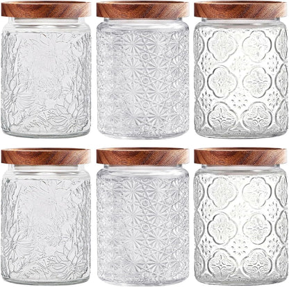Vintage Glass Jars with Wooden Lids, 6 Pack 24 oz Airtight Glass Food Storage Containers Sets for the Kitchen, Sugar Coffee Candy Spice Cookie Tea Pasta