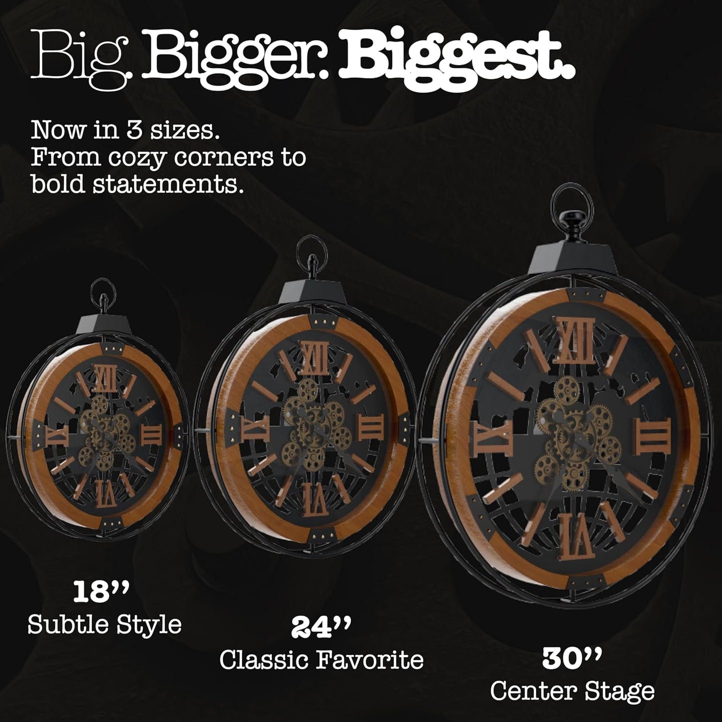 Driini 30 Inch Large Rustic Farmhouse Gear Clock with Moving Gears – Vintage Oversized Wall Clock with Iron Frame – Giant Industrial Steampunk Wall Clock for Living Room Décor (Walnut)