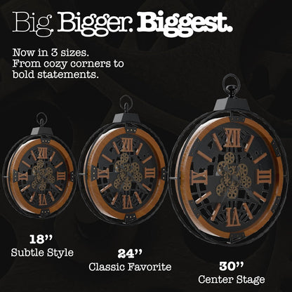 Driini 18 Inch Large Rustic Farmhouse Gear Clock with Moving Gears – Vintage Oversized Wall Clock with Iron Frame – Giant Industrial Steampunk Wall Clock for Living Room Décor (Walnut)