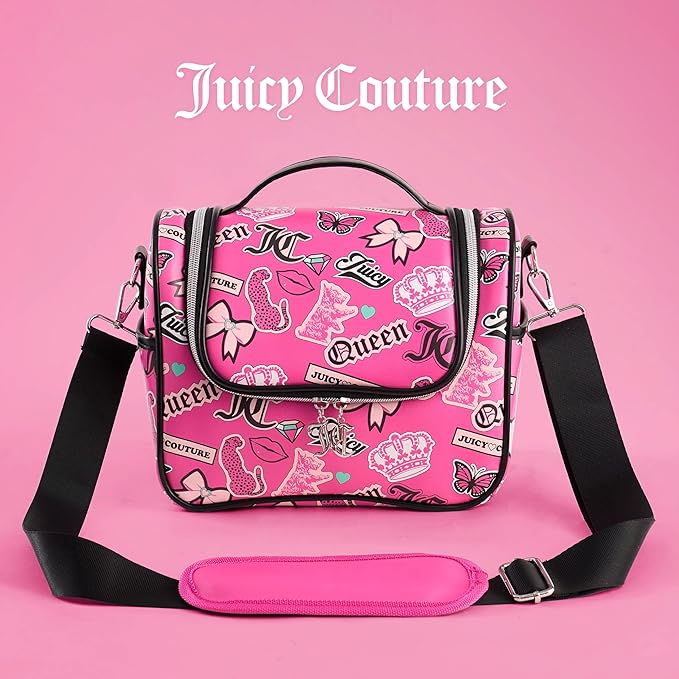 Juicy Couture Insulated Lunch Bag – Stylish Cooler Tote with Adjustable Crossbody Strap, Hot Pink Printed Stickers – Women's Lunch Box Bag for Work, School, Travel