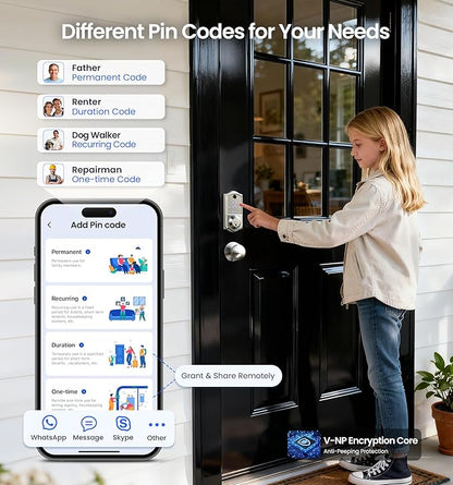 Veise VE017-K Fingerprint Smart Lock with 2 Knobs, App Control, Keyless Entry Front Door Lock Set, Electronic Touchscreen Keypad Deadbolt, Emergency Power Port, Easy Install, Auto-Lock, Satin Nickel