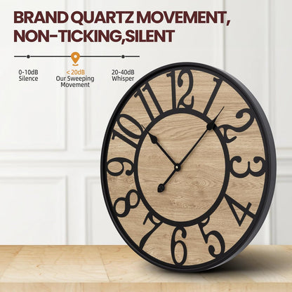 Large Wall Clock for Living Room Decor - Non-Ticking, Battery Operated Modern Vintage Wood Clock for Bedroom, Kitchen, Farmhouse, Office - Oversized Decorative Silent Clock