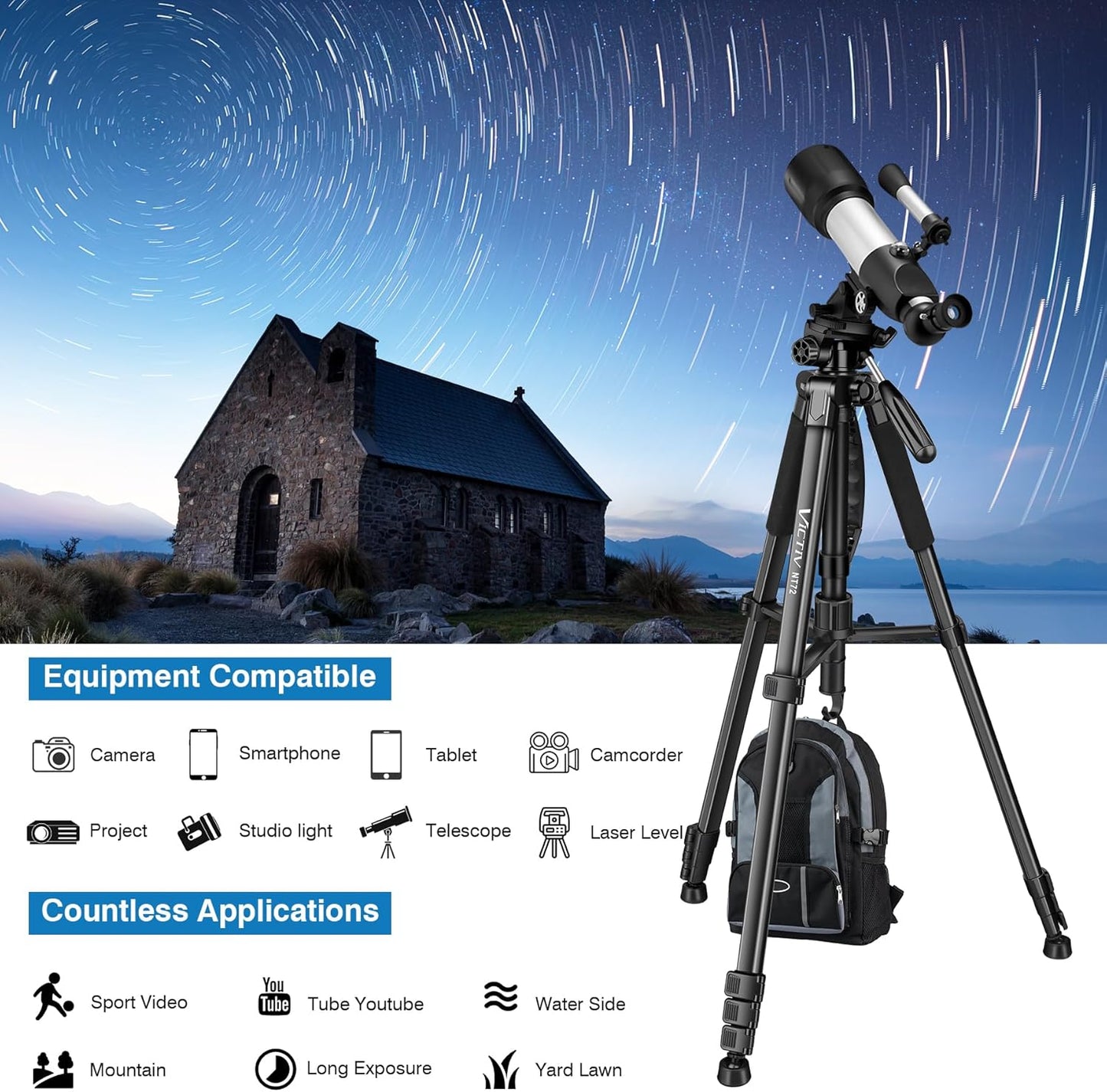 Tripod for Camera, 72" Tall Camera Tripod Monopod with Remote, Professional Heavy Duty Compact Camera Stand for Phone,DSLR, Spotting Scope, Telescope, Binocular