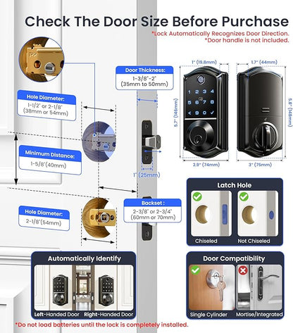 Veise VE017 Fingerprint Smart Door Lock, App Control, 8-in-1 Keyless Entry, Auto Lock, Emergency Power Port, Electronic Touchscreen Keypad, Biometric Smart Locks for Front Door, Matte Black