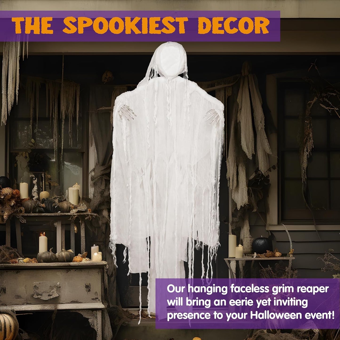 JOYIN 63” Halloween Hanging Ghost Decorations Outdoor, White Faceless Grim Reaper in White Horror Robe for Halloween Tree Yard Party Outside Hanging Decorations Party Supplies