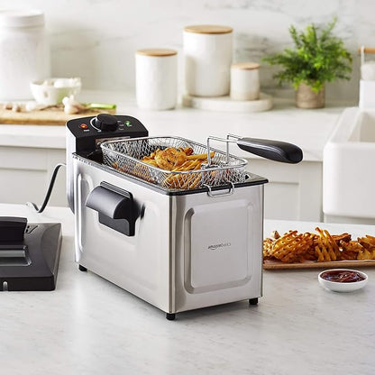 Amazon Basics 3.2-Qt (3.0L) Electric Deep Fryer with Adjustable Temperature Control, Easy Draining Basket, Viewing Window, Fast-Heating 1500W, Stainless Steel Exterior, Black & Silver