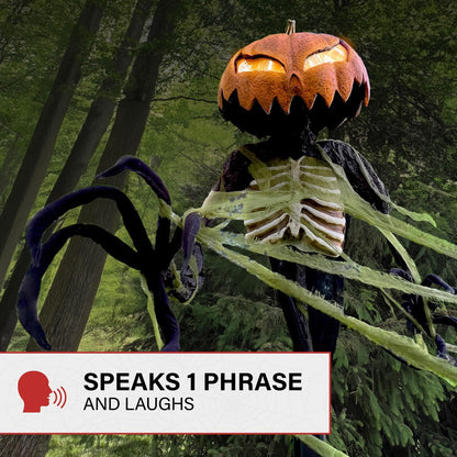 Haunted Hill Farm Pumpkin Sentinel by Tekky, Battery-Operated, Motion and Sound Activated Animatronic with Sound Effects and Lights for Indoor or Covered Outdoor Creepy Halloween Decoration