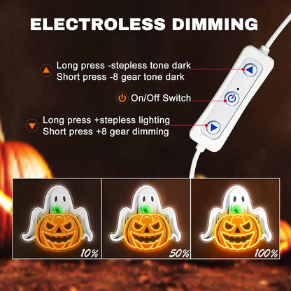 Spooky Glow Halloween Neon Signs for Wall Decor - Ghost & Pumpkin Led Neon Light Up Sign, Glow in Dark Indoor Decor for Porch Window Home Bar Party, Scary Halloween Decorations Gifts for Kids