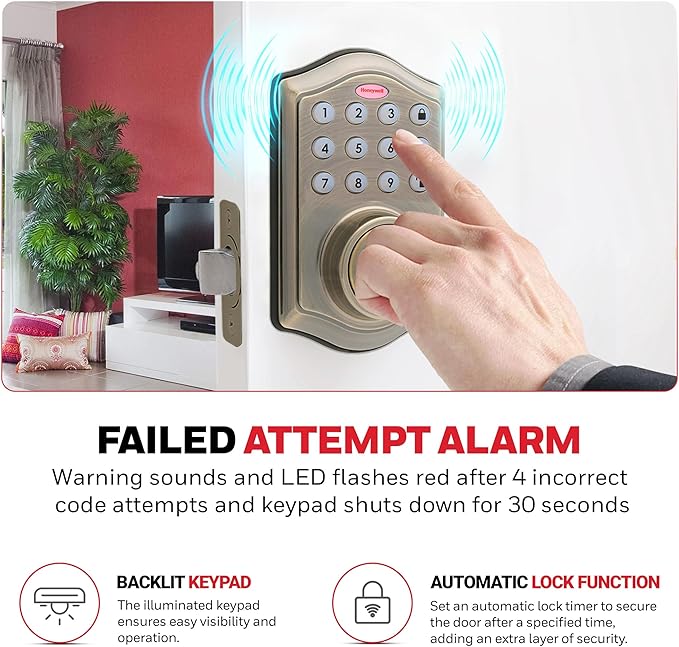 Honeywell Safes & Door Locks - Keyless Entry Door Lock with Smart Electronic Keypad Deadbolt - Easy Installation & 50 Different User Pin Codes - Auto Lock - Antique Brass - 2.9 x 2 x 6.2 in - 8712109