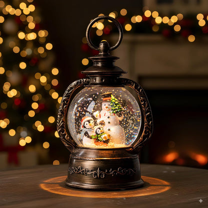 Christmas Snow Globe Lantern Water Glittering Snowman & Penguins with Music & Timer, USB Lined/Battery Operated Lighted Lantern for Christmas Festival Decoration Gifts