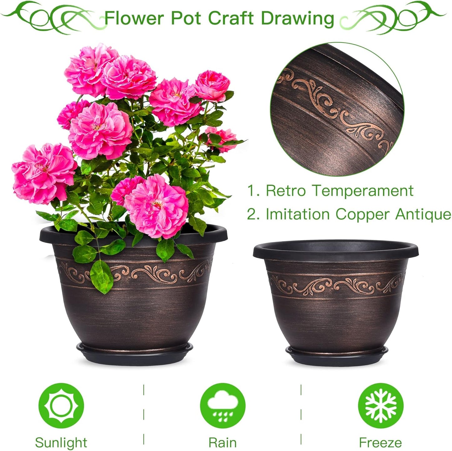 Plastic-Plant-Flower-Planters-8 Inch with Drainage Hole & Saucer, 6 Packs Lightweight Small Resin Flower Pot Indoor Outdoor, Retro Antique Imitation Decorative Garden Containers Sets for Houseplants