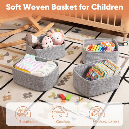 OIAHOMY 4 Pack 14.17*11.02*6.3IN Storage Baskets for Organizing Shelves, Woven Rope Baskets for Organizing Books, Clothes, Decorative Basket for Living Room, Nursery, Bedroom, Gift Basket, White