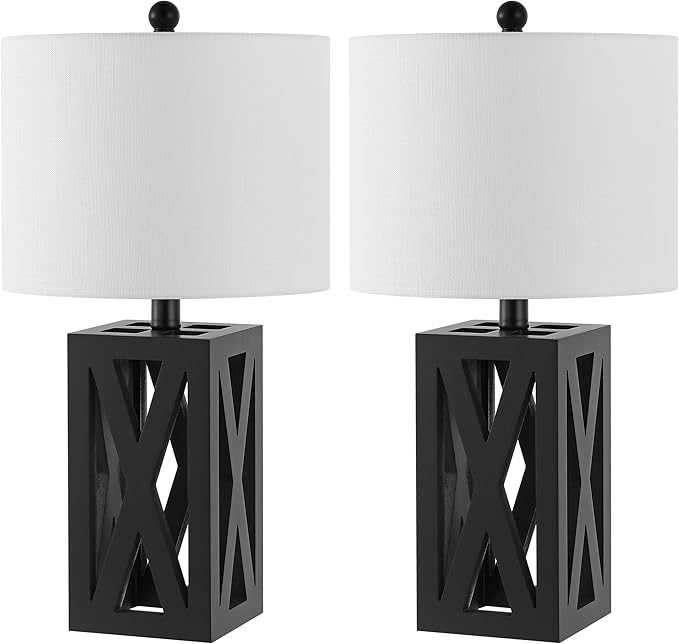 JONATHAN Y 21.5" Black Farmhouse Wood Table Lamp for Bedside and Living Room, White Linen Drum Shade, Rustic Modern Desk Lamp for Bedroom, LED Bulb Included (JYL1062C-SET2)