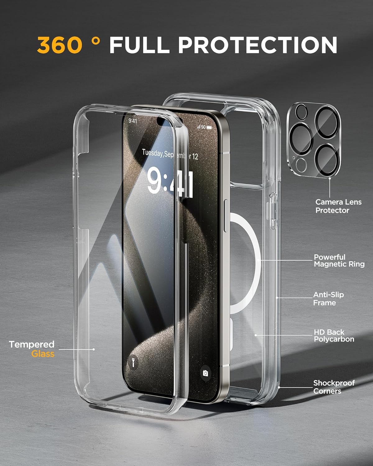 Miracase Magnetic for iPhone 15 Pro Case Full-Body Bumper Phone case with Built-in Glass Screen Protector& Camera Protector, [Compatible with MagSafe] Military Drop Proof 15 Pro Cover 6.1 inch,Clear