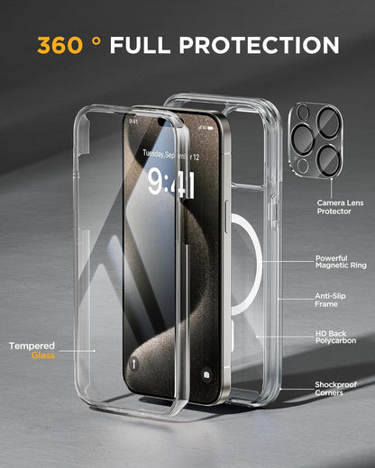 Miracase Magnetic for iPhone 15 Pro Case Full-Body Bumper Phone case with Built-in Glass Screen Protector& Camera Protector, [Compatible with MagSafe] Military Drop Proof 15 Pro Cover 6.1 inch,Clear