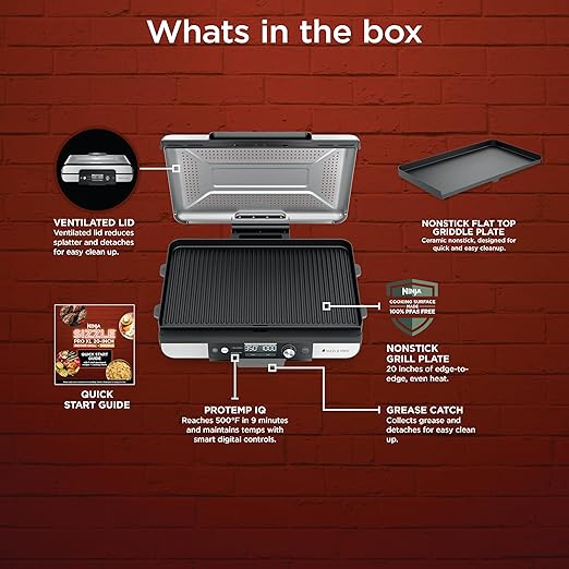 Ninja Sizzle Pro XL 20-Inch Indoor Griddle + Grill, Detachable Ventilated Lid, Grease Control, Ceramic Nonstick Plates, Even Edge Cooking, Extra Large Capacity, Versatile, Silver, GX101