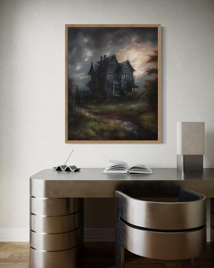 Haunted House Poster Art Print, Halloween Scary Vintage Wall Art Academia Spooky Painting Decoration for Horror Prints, Gothic Posters Bedroom Decor 89 (Haunted House, 16 x 20 inches, Wood Frame)