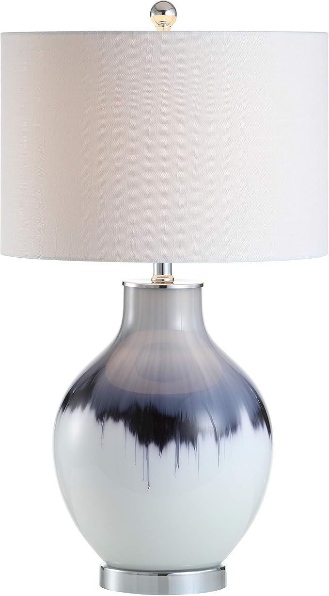 JONATHAN Y 27" Blue/White Drip Glass and Metal Table Lamp, Modern Transitional Bedside Lamp for Living Room Bedroom, White Linen Drum Shade, LED Bulb Included JYL1065A