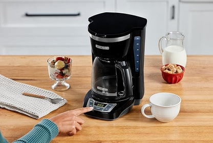 BLACK+DECKER 12-Cup Digital Coffee Maker, Programmable, Washable Basket Filter, Sneak-A-Cup, Auto Brew, Water Window, Keep Hot Plate, Black