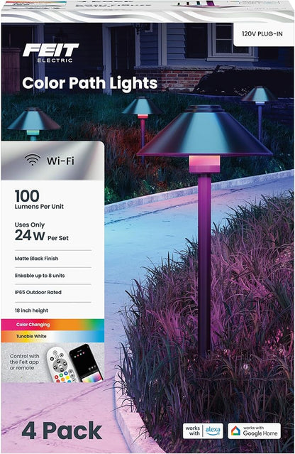 Feit Electric Smart Outdoor Cone Path Lights, 100 Lumens, Color Changing & Tunable White, Music Sync, Works with Alexa & Google Home, App & Remote Control, 15,000-Hour Lifetime, PATH/RGBW/AG/4, 4-Pack