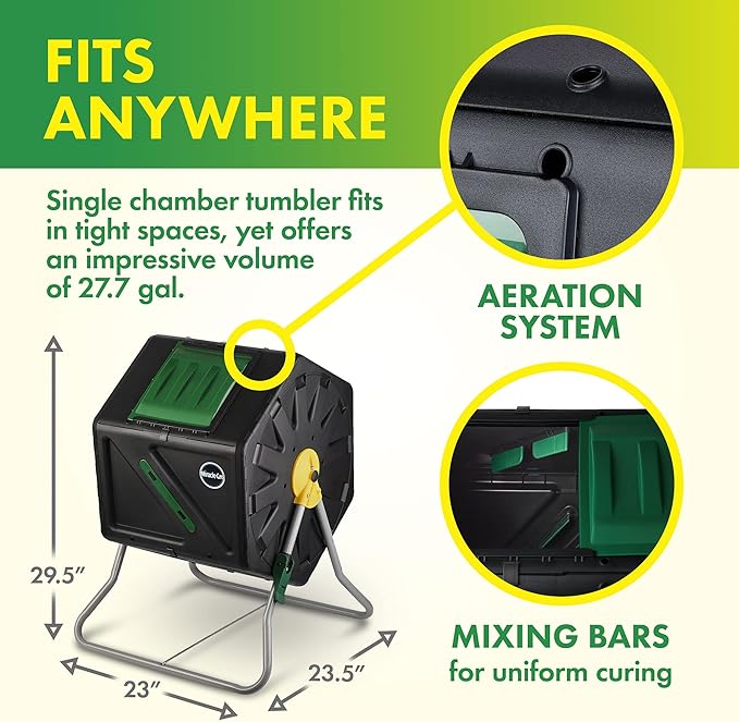 Miracle-Gro Compost Tumbler Single Chamber – Easy-Turn Composter Tumbler Outdoor for Fast Composting – Heavy-Duty Composting Bin with 1 Sliding Door (1 x 27.7 Gallon / 105 Liter)