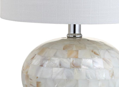 JONATHAN Y 16" Coastal Capiz Shell Mosaic Table Lamp for Bedroom Living Room, White Linen Shade, Transitional Cottage Nightstand Lamp, UL Listed, LED Bulb Included JYL1022A