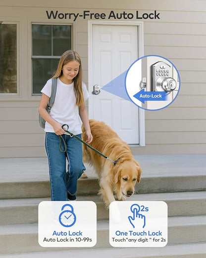 TEEHO TE003 Keyless Entry Keypad Door Lock with Handle, Electronic Digital Smart Deadbolt Locks with 2 Backup Keys, Door Knob with Code for Front Door Bedroom, Auto Lock, Easy to Install, Satin Nickel