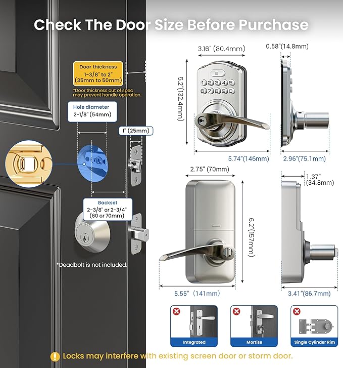 Veise Keypad Door Lock with Handle, Keyless Entry for Front Door & Bedroom, Electronic Lock with Code, Auto-Locking, Easy Installation, Passage Mode, Satin Nickel