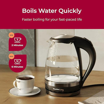 MuellerLiving Glass Kettle 1.5L 1500W LED Light Electric Tea Kettle Automatic Shut-Off with SpeedBoil Tech and Boil-Dry Protection (Pack of 2)