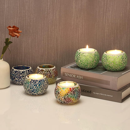 OwnMy 6PCS Mosaic Glass Tealight Holders: Round Votive Candle Holders & Stands for Table Centerpieces, Multicolor Glass Mosaic Tealight Holders, Small Potted Plant Bowl Candle Vases