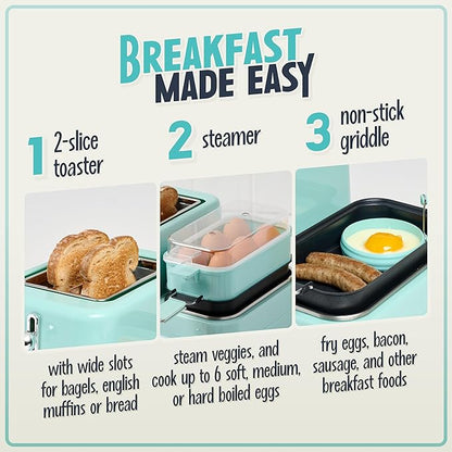 Nostalgia Classic Retro 3-in-1 Breakfast Station - Includes Egg and Veggie Steamer, Non-Stick Griddle, and Wide 2-Slot Toaster - Versatile Breakfast Maker Cooking Station with Toasting Control