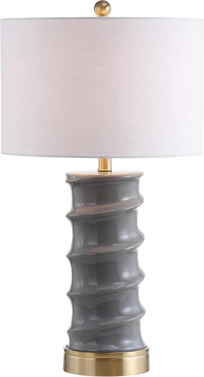 JONATHAN Y 29" Dark Grey/Gold Modern Ceramic Table Lamp for Living Room, White Linen Drum Shade, Bedside Nightstand Lamp for Bedroom, LED Bulb Included, Ridged Design JYL3052A