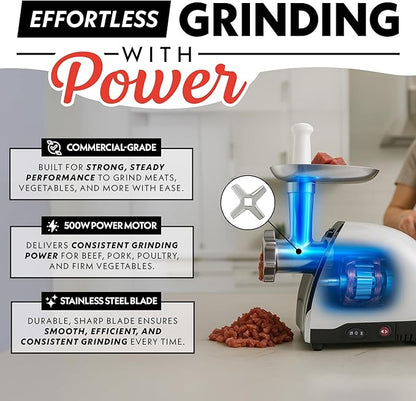 Gourmia Electric Meat Grinder – 500W Commercial Grade Meat Processor with Sausage Stuffer, 3 Stainless Steel Grind Plates Fine to Coarse, Stainless Steel
