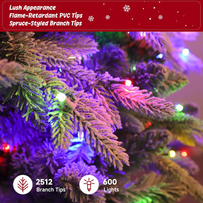 9ft 360° Rotating Pre-Lit Snow Flocked Christmas Tree, Built-in Music, Remote Control, 8 Light-Modes, White Christmas Tree for Home Decor