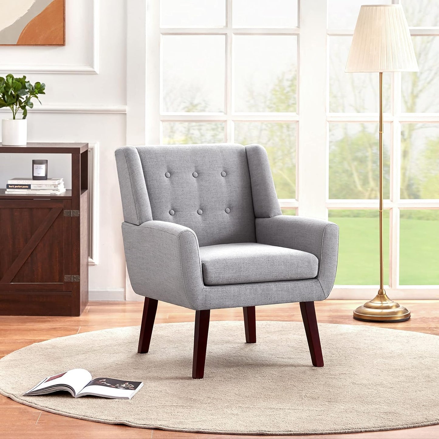 HUIMO Accent Chairs Set of 4, Upholstered Button Tufted Armchair, Linen Fabric Sofa Chairs for Bedroom, Living Room, Mid Century Modern Comfy Reading Chair (4, Light Grey)